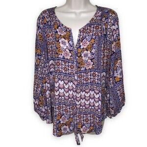 Collective Concepts Print Boho Tie Front Long Sleeve Blouse Womens Size XL